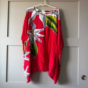 Makai Beach Hawaiian Kaftan Top Women OS Red Tropical Floral Tunic Beach Coverup